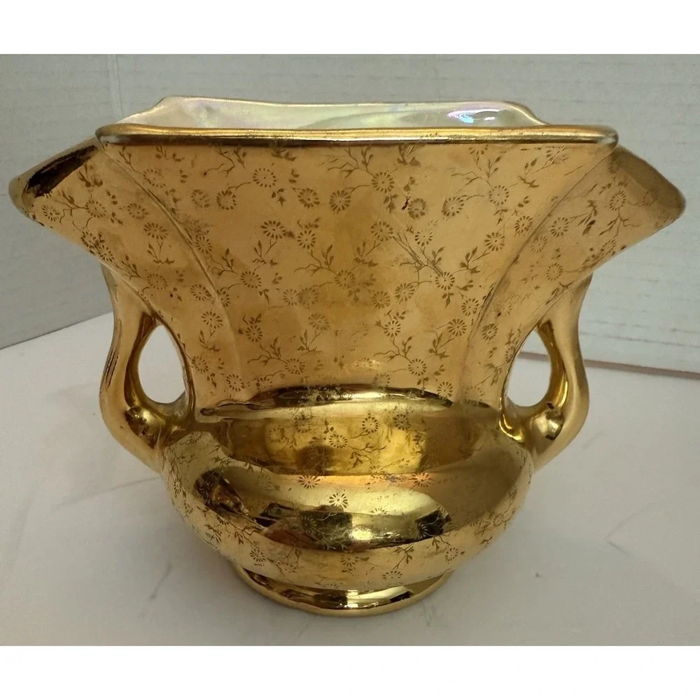 Vintage Gold Floral Cream Lusterware Vase Urn Handled  Collectible 22K Gold Flaw